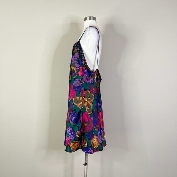 Vintage | 90s Intimate Pleasures Lace Black Colorful Floral Low Back Nightie XL - Picture 10 of 11